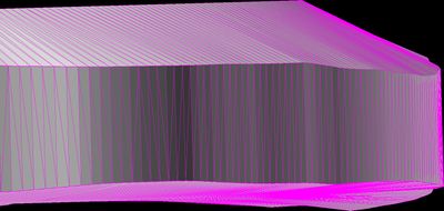3D model side view: a straight inside edge at the top with the latitude and longitude data traced as wavy lines below it